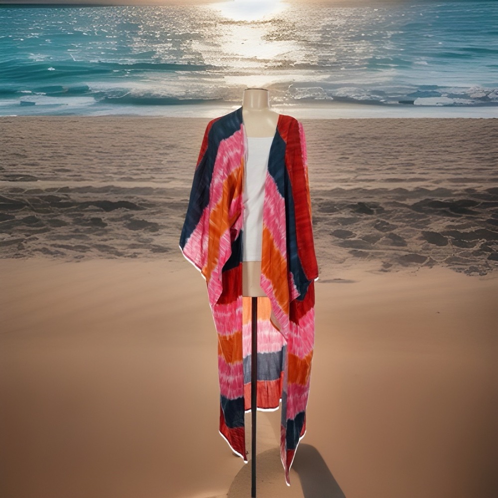 Boho Tie Dye Kimono Cardigan XL Longline Sunset Watercolor Duster Swim Cover Up